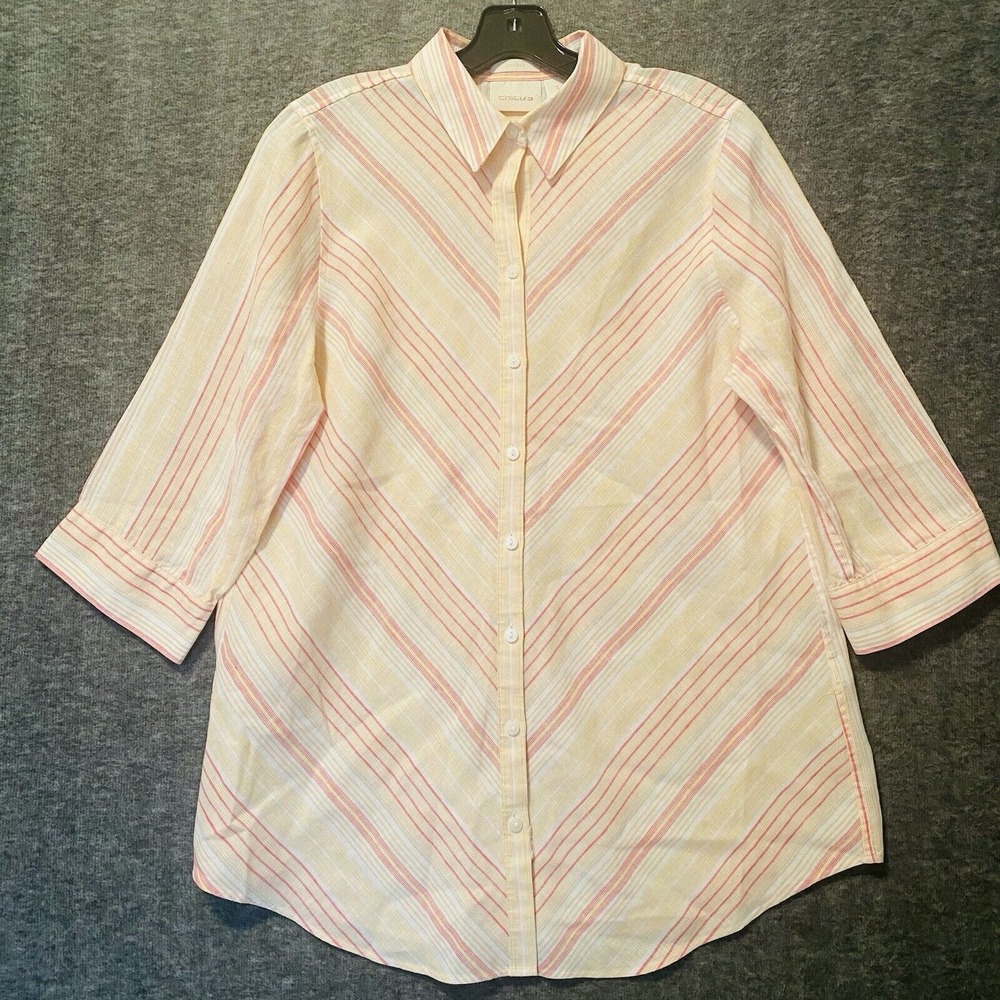 Chicos No‎ Iron Linen Top Womens 1 Medium Button Accent Shirt Coastal Lagenlook